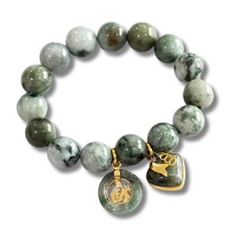 Heavens Tvcz Thai Jade Bracelet Round 14.00 mm Natural Green Striped Stretch Healing Energy Bangle for Women Charms with Pendant Love Heart/Coin Lucky Money