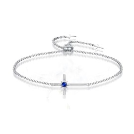 LOCIBLO September Birthstone Bracelets for Women 925 Sterling Silver Blue Synthetic Sapphire Bracelet White Gold Octopus Star Cross Pendant Crucifix Jewellery for Her, 8"