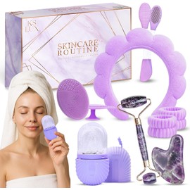 Kit de skincare lila con rodillo facial, gua sha, molde para hielo facial, diadema, muñequeras y cepillos de silicona para rutina de cuidado facial y regalo