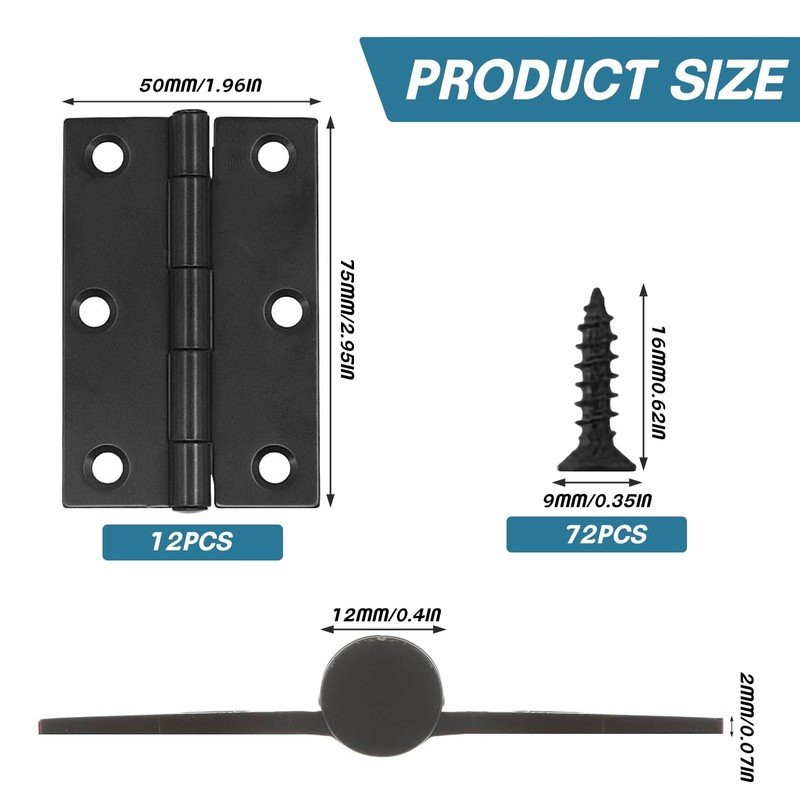 12 PCS Black Door Hinges, 3 Inch (75.5mm) Black Butt