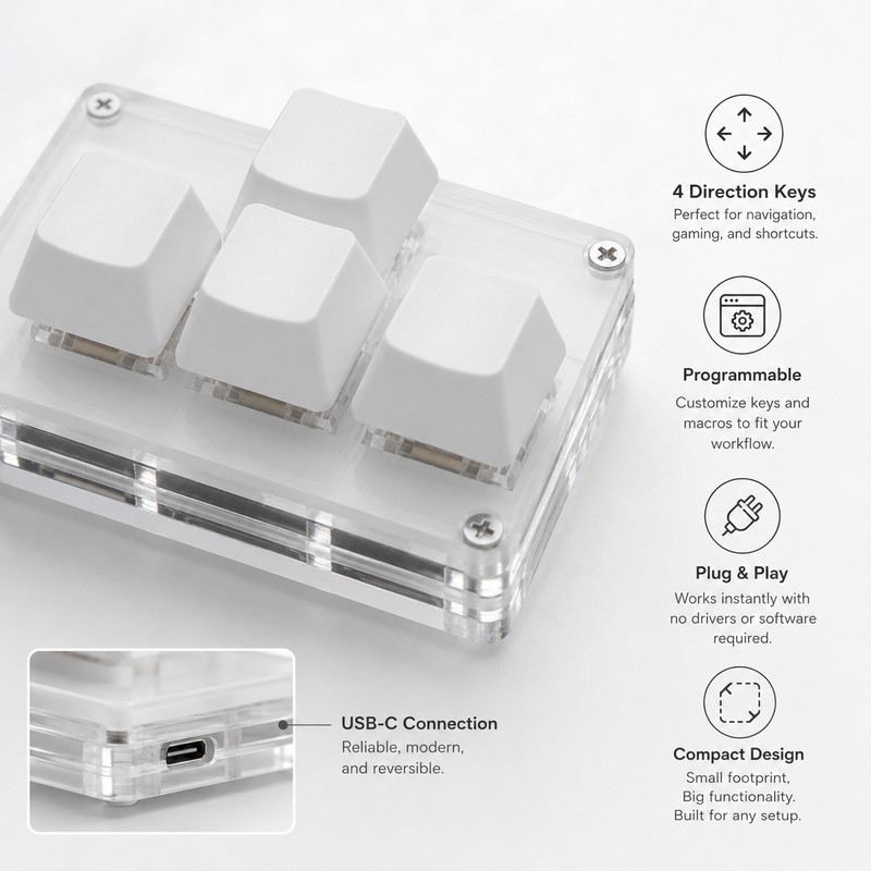 4-Key Mini USB Keypad for Desktop Shortcuts – Programmable Arrow