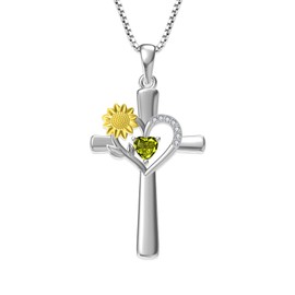 Veshon Sunflower Cross Necklace with Peridot Heart Birthstone 925 Sterling Silver Sunflower Love Heart Pendant Necklace for Women Faith Jewelry Birthday Gifts for Women Girlfriend Wife Daughter Her