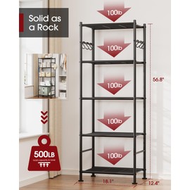 Sakugi Storage Shelves - 5-Tier Large Capacity Shelf Organizer with Hooks, Heavy-Duty Garage Shelving with Leveling Feet, Wobble-Free Rack for Bedroom, Balcony, Garage, 18.1"×12.4"×56.8", Black