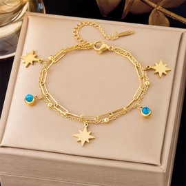 NewZenro Sun Blue Turquoise Charm Beaded Chain Link Bracelets for Women Boho Stainless Steel Gold Plated Star Layered Chains Adjustable Fashion Trendy Jewelry for Her Bff Holiday 7.5"