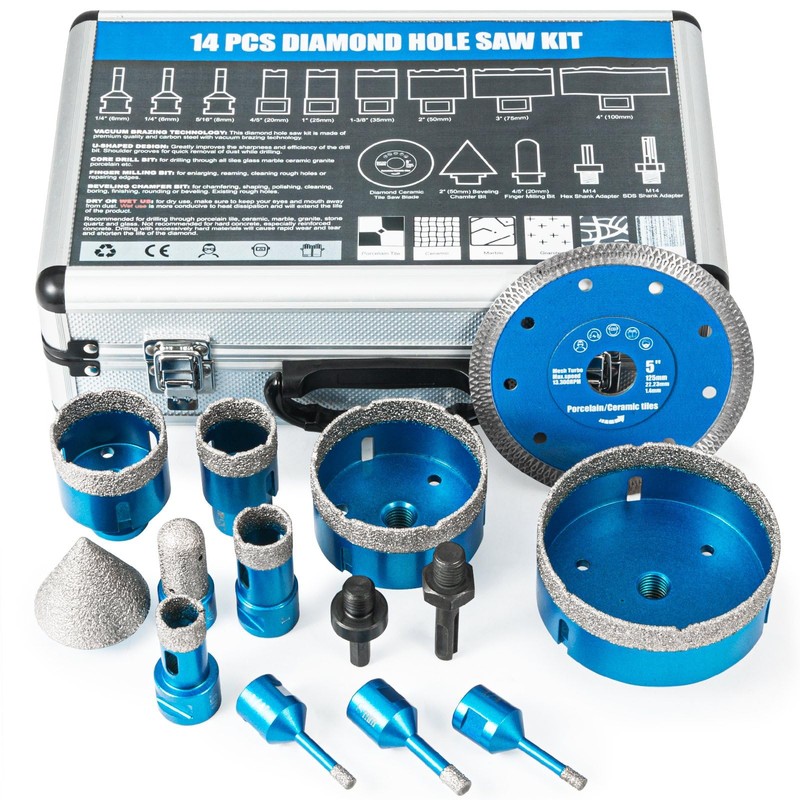 Diamond Tile Hole Saw Kit - 14 PCS Set Including