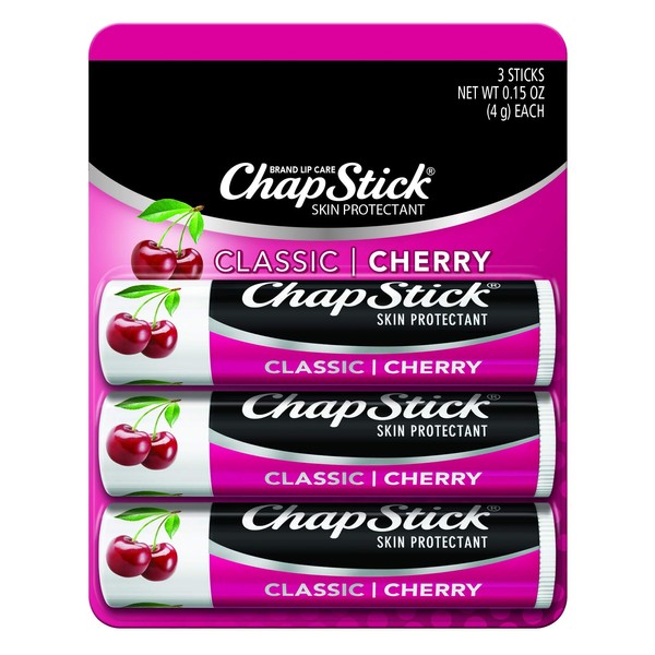 ChapStick Classic (Cherry Flavor, 0.15 Ounce, 3 Sticks) Lip Balm Tube, Skin Protectant, Lip Care (Pack of 12)
