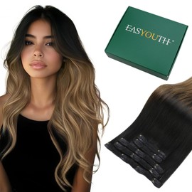 Easyouth Human Hair Extensions Clip in Ombre Black 18Inch Soft and Silky Clip in Real Hair Extensions Ombre Black to Brown with Caramel Blonde Balayage Hair Clips Extension for Women 5Pcs 80G
