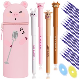 Kawaii 2-in-1 Pencil Case - Erasable Gel Pen Set (4 Erasable Pens + 20 Refills + 2 Erasers + Pencil Case)