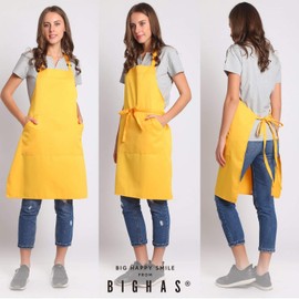 BIGHAS Adjustable Bib Apron with Pocket Extra Long Ties for Women Men, 13 Colors, Chef, Kitchen, Home, Restaurant, Cafe, Cooking, Baking, Gardening (Yellow)