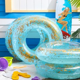 ShinyRelief 4 Pcs Inflatable Glitter Pool Float 30'' Macaron Swim Tube with Gold Confetti Swim Inner Tube for Adults Pool Floats Rings for Summer Beach Swimming Pool Bachelorette Party(Blue)