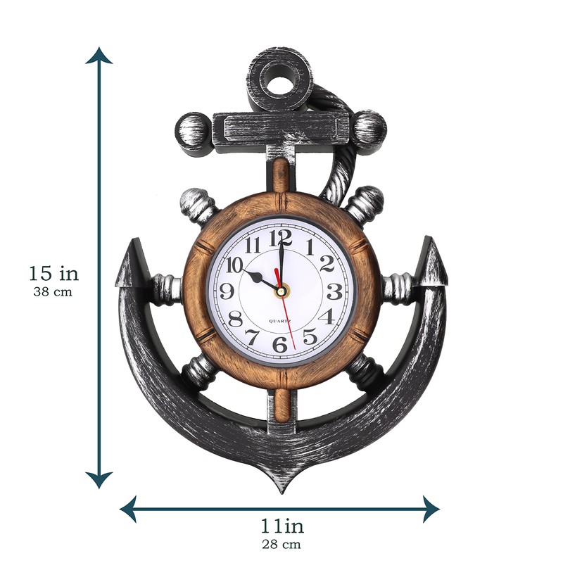 Anchor and Boat Wheel Wall Clock, Nautical Coastal Beach or
