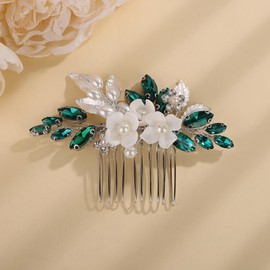 Teyglen Green Crystal Leaf Pearl Hair Comb Dainty Flower Wedding Hair Comb Bridal Rhinestone Pearl Hair Piece Wedding Headpiece Hair Accessories for Women (Peacock green)