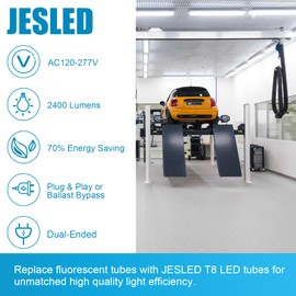 JESLED 4FT LED T8 Type A+B Tube Lights, 12W(50W Equivalent), 2400LM High Output, 6000K, Plug and Play or Ballast Bypass, Double End Powered, 4 Foot T10 T12 Fluorescent Bulbs Replacement, Clear, 10Pack