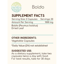 HerbEra Boldo 60 Capsules, 500 mg, Boldo (Peumus boldus) Dried Leaf (60 Capsules)
