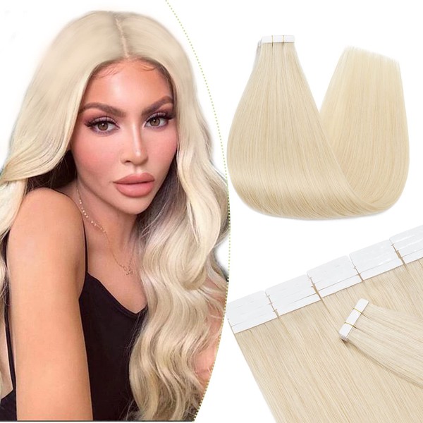 Skin Weft Hair Remy Tape In Hair Extension 16" Platinum Blonde 20pcs 30g Set Remy Tape In Human Hair With Invisible Double Sides Brazilian Hair Seamless Tape Silky Straight(16",#60)