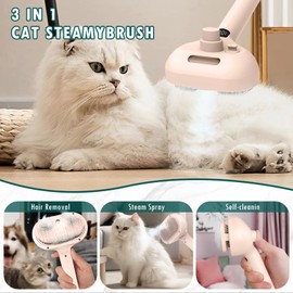 Casbomy Steamy Cat Brush, 3-in-1 Pet Steam Brush Upgrade with 42ml Water Tank and Release Button, Dog and Cat Cleaning Gloves - Easily Removes Mats, Tangles, And Loose Fur (Pink)