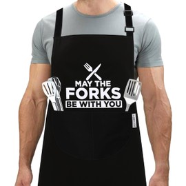 LINEN CLOSET® Bbq Apron for Men Funny Aprons Chef Grilling Novelty Barbecue Aprons Kitchen Cooking Gift Black Apron with 2 Pockets-May The Forks Be with You Apron