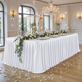 9FT Long White Table Skirt for Rectangle Tables Wrinkle Resistant Polyester Pleated Ruffle Table Skirt for Wedding Banquet Baby Shower Birthday Party Decoration Desk Skirt for Teacher Desk