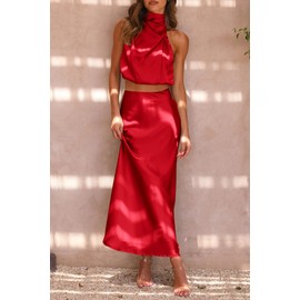 PRETTYGARDEN Women's 2 Piece Satin Outfits Summer Sleeveless Mock Neck Crop Tops and Long Skirt Dress Sets (Red,Medium)