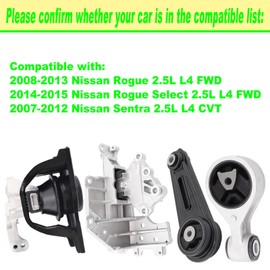 SHICHU Engine Motor Mount Compatible with Nissan 2008-2013 Nissan Rogue 2.5L 2014-2015 Rogue Select 2.5L FWD 2007-2012 Sentra 2.5L CVT Replacement for A7370 A7384 10092 A4351 A4352 Set of 4