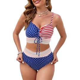 VIAURBE Women's High Waisted Bikini Sets Swimsuits Color Block Two Piece Bathing Suit Cute Drawstring Bikinis American Flag L