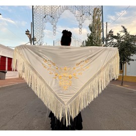 La Senorita Spanish Manton Scarf Embroidered Flamenco Scarves for Fairs, Sevillana or Flamenco Dress Large [190 x 90 cm] Ideal Size for All Ages [Girls & Women], cream gold