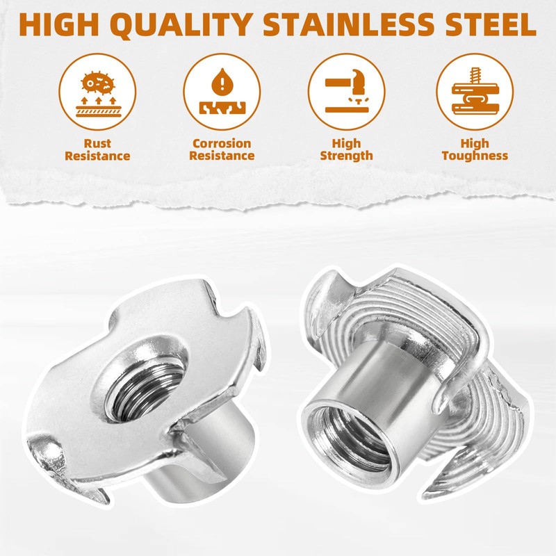 1/4"-20 Stainless Steel T-Nuts Durable Anti-Corrosion Threaded Inserts Tee Nut