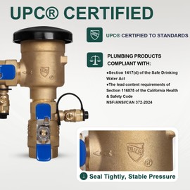 【UPC® Certified】1" Brass Pressure Vacuum Breaker, Max 400PSI Sprinkler Backflow Preventer for Non-Potable Systems Like Irrigation & Industry