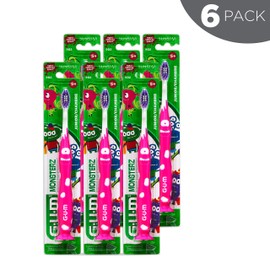 GUM Monsterz Jr Kids’ Toothbrush, Soft Bristled Children’s Toothbrush with Suction Cup, For Ages 5+, 1ct (6pk)