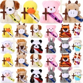 Soulchen 24 Pcs Jesus Love You Mini Plush Animal Toys for Kids Christian Small Stuffed Animal Toys with Ribbon and Cross Religious Gifts for VBS Party Favor Church Decorations Christmas