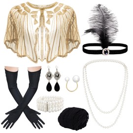 11 Pieces 1920s Great Flapper Costume Accessories Set for Women Sequins Shawl Feather Headpiece Pearl Necklace Earrings Long Gloves (Gold)
