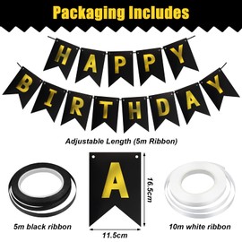 Happy Birthday Banner, Black Gold Birthday Decorations, 12 inch Birthday Balloons for Party Decorations