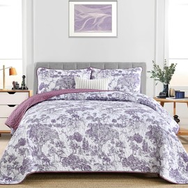 WONGS BEDDING Botanical Quilt Set King Size, Purple 3 Pieces Toile Floral Plants Printed Bedspread Bedding Set Soft Lightweight Microfiber Coverlet Set for All Season (104"x90")