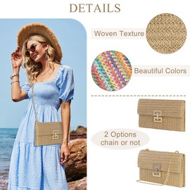 Straw Clutch Purses for Women Summer Beach Handbags Boho Vacation Woven Raffia Envelope Wallets Fold Over Rattan Hand Purse Chain Crossbody Shoulder Bag Evening