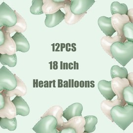 VGRDTW 12Pcs Sage Green & Cream White Heart Shaped Foil Balloons with Ribbon, 18Inch Aluminium Film Helium Balloons for Wedding Birthday Party Decorations, Baby Shower Kids & Event Pla