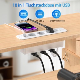 Retractable Socket 6 Compartments, Built-in Power Strip with 4 USB, Built-in Socket Multiple Socket, Table Socket with 2 USB C, Tabletop Recessed Socket - 2 m White 8kong