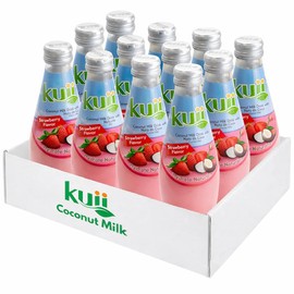 Kuii Coconut Milk Drink with Nata de Coco, Strawberry Flavor – 12 Pack (9.8 fl oz Glass Bottles) – Tropical Coconut Beverage with Coconut Water & Chewy Nata de Coco