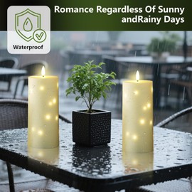 YOROXRG 4" x 10" Large Outdoor Waterproof Flickering Flameless Candles with Timer,2Pcs Battery Operated LED Pillar Candles with Embedded Star String for Outdoor Lanterns,Porch,Patio Decor(Ivory)