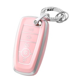 OFFCURVE Key Fob Cover with Keychain for Ford Fusion Explorer Escape F150 F250 F350 F450 F550 Edge Maverick Expedition Lincoln Aviator 5 Buttons Smart Key Holder, Silver Pink