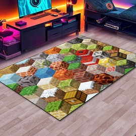 Block Game Rug Teen Boys Carpet with Pixel Games Element Decoration Mat, Cube Block Game Rugs for Boy’s Bedroom Living Room Playroom, Non-Slip Children Gaming Area Rugs (63" x 47")