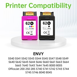 62XL Ink Cartridge Combo Pack Replacement for HP Ink 62 XL 62XL Ink Cartridges Black and Color Works with HP Envy 5660 7640 5540 7645 OfficeJet 5740 200 250 Printer Ink 62 XL (2 Pack)