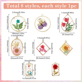 SUNNYCLUE 1 Box 8 Styles Resin Pressed Flower Charms Dried Flowers Charms Transparent Alloy Natural Plant Pendants for Jewelry Making Charms Necklace Keychains Wedding Christmas Women Beginners