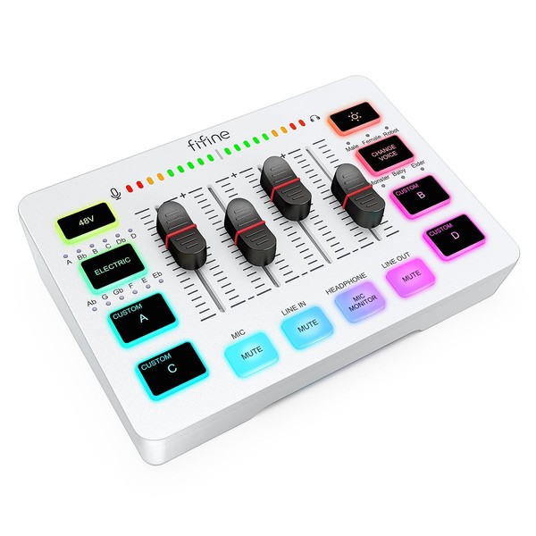 FIFINE Gaming Audio Mixer Audio Interface PS5 PS4 Gaming Audio Mixer Podcast Mixer with RGB Function Voice Changer Button Custom Sound Effects Delivery Commentary White Mixer FIFINE AmpliGame SC3W