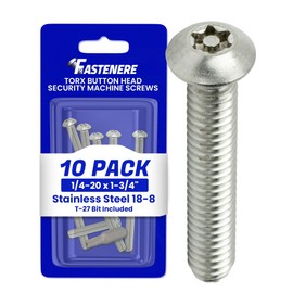 Fastenere Torx Security Machine Screws - 1/4-20 x 1-3/4" (10-Pack) Stainless Steel, Tamper-Resistant, Button Head Screws, Bolt Screw for Higher Level of Safety & Theft Prevention