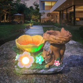 Solar Garden Statue Bird Feeder - Squirrel Sculpture with Two Feeding Bowls LED Lights Outdoor Decor for Yard Patio Lawn Ornament Housewarming Gift