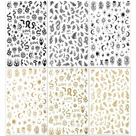 6 Sheet Gold Nail Stickers Black Snake Eyes Leaf Nail Art Stickers 3D Self-Adhesive Bronzing Sun Star Decals Starlight Nail Design Sticker for Acrylic Nail Supplies Women Nail Decorations