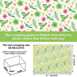 12 Sheets Spring Wildflower Wrapping Paper, 20x27in Easter Spring Gift Wrap Paper Wildflower Butterfly Patterns Wrapping Paper for Spring Easter Party Decor Gift Wrapping