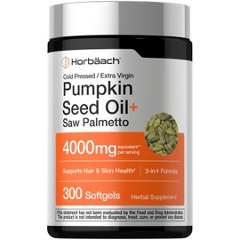 Horbäach Pumpkin Seed Oil with Saw Palmetto 4000mg | 300 Softgel Capsules | Hair and Skin Support for Men and Women | Cold Pressed & Extra Virgin | 3 in 1 Formula with Biotin | Non-GMO, Gluten Free