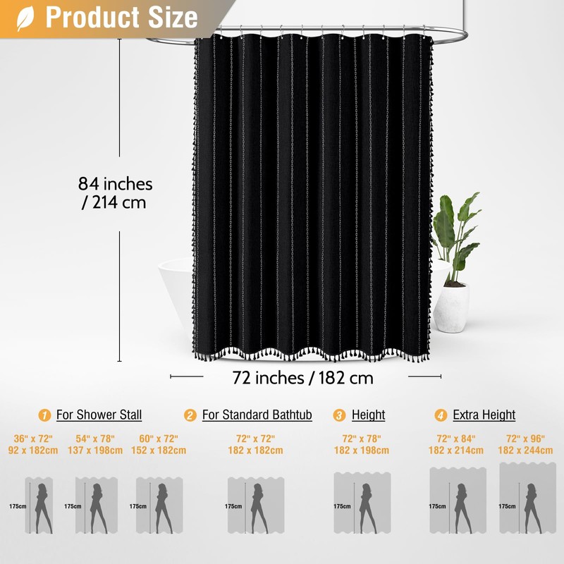 BTTN Extra Long Shower Curtain, 72x84 Inch Long Boho Tassel