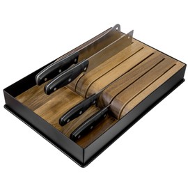 MyGift Knife Holder Tray, Urban Modern Designer Natural Acacia Solid Wood and Matte Black Metal Kitchen Countertop Knife Block